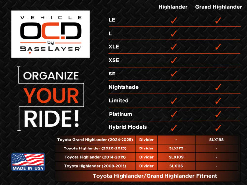 Vehicle OCD Organizers by BaseLayer Toyota Highlander - Center Console Organizer Fitment Chart
