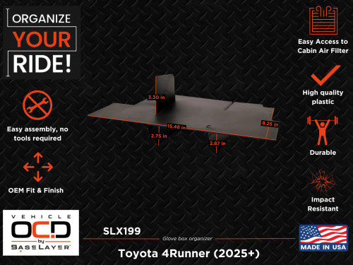 Vehicle OCD by BaseLayer glove box organizer for the Toyota 4Runner 2025+ Dimensions Infographic.