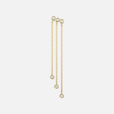 These 14k gold earrings feature a trio of bezel-set diamonds, hanging from three cable chain strands with matching bezel diamonds.