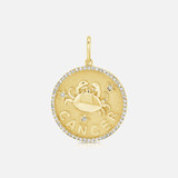 Crafted in 14k gold, hand-engraved with your rising, moon, and sun signs. This zodiac medallion pendant features the Cancer zodiac symbol sealed with .19ct of round brilliant cut white diamonds.