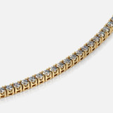 Close-up of a diamond tennis necklace featuring 2.14ct brilliant cut white diamonds on a yellow gold chain. The diamonds, G-H color, S1-I1 clarity, sparkle against the gold.