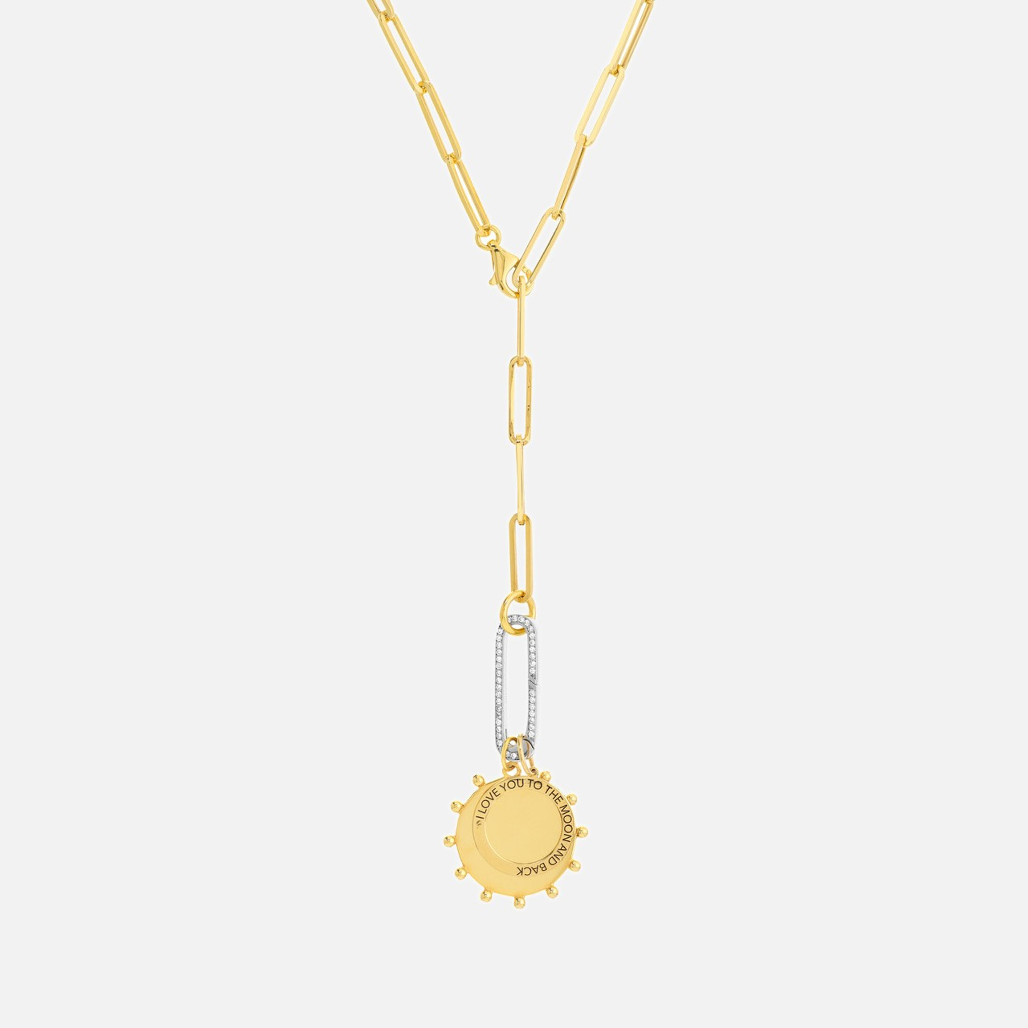 With its beautifully finished streamlined profile, this 14k gold charm necklace radiates light as you move.