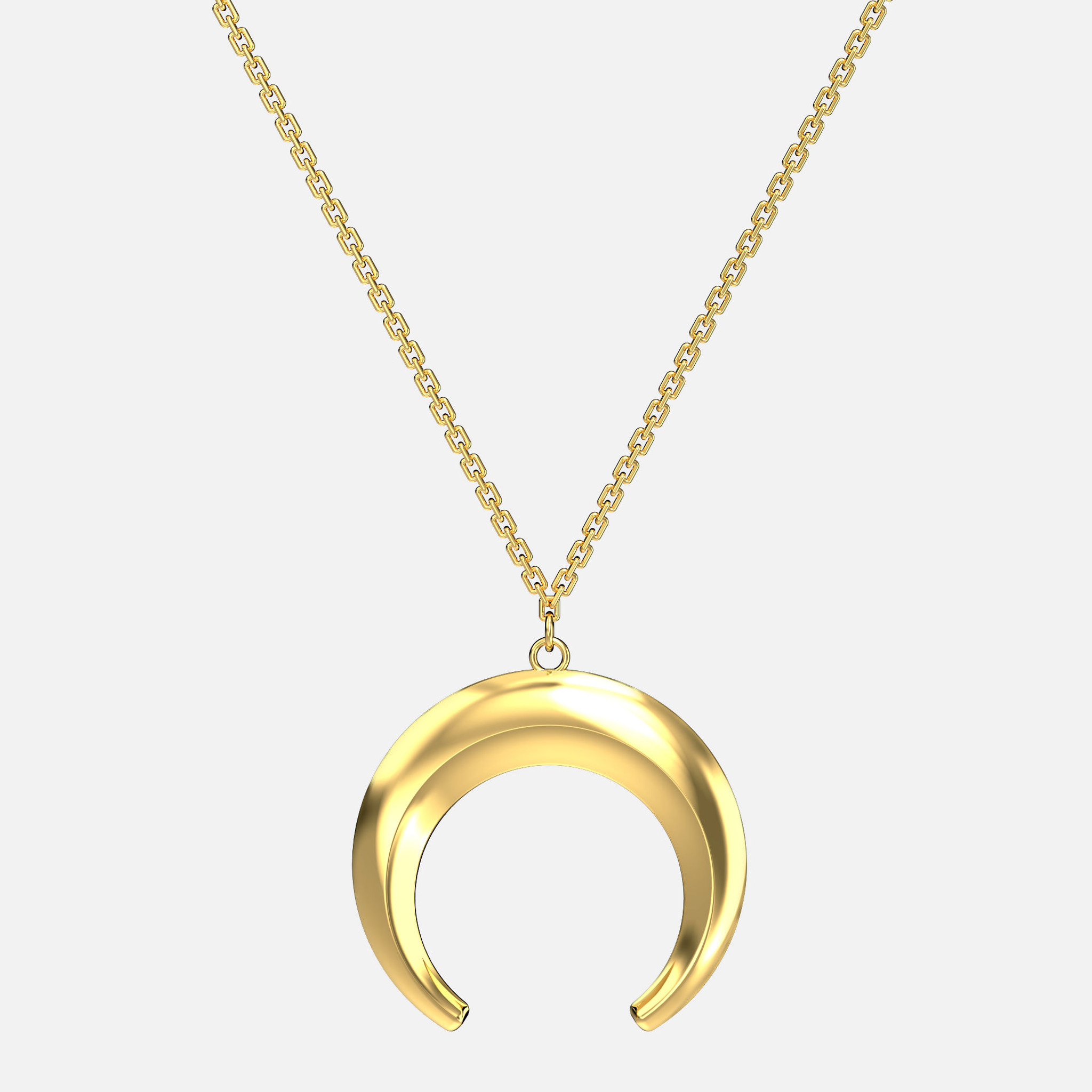 This crescent moon necklace is crafted in glossy 14k gold. Crescent moon necklace is puffed moon pendant is strung on a delicate 17 inch cable chain.