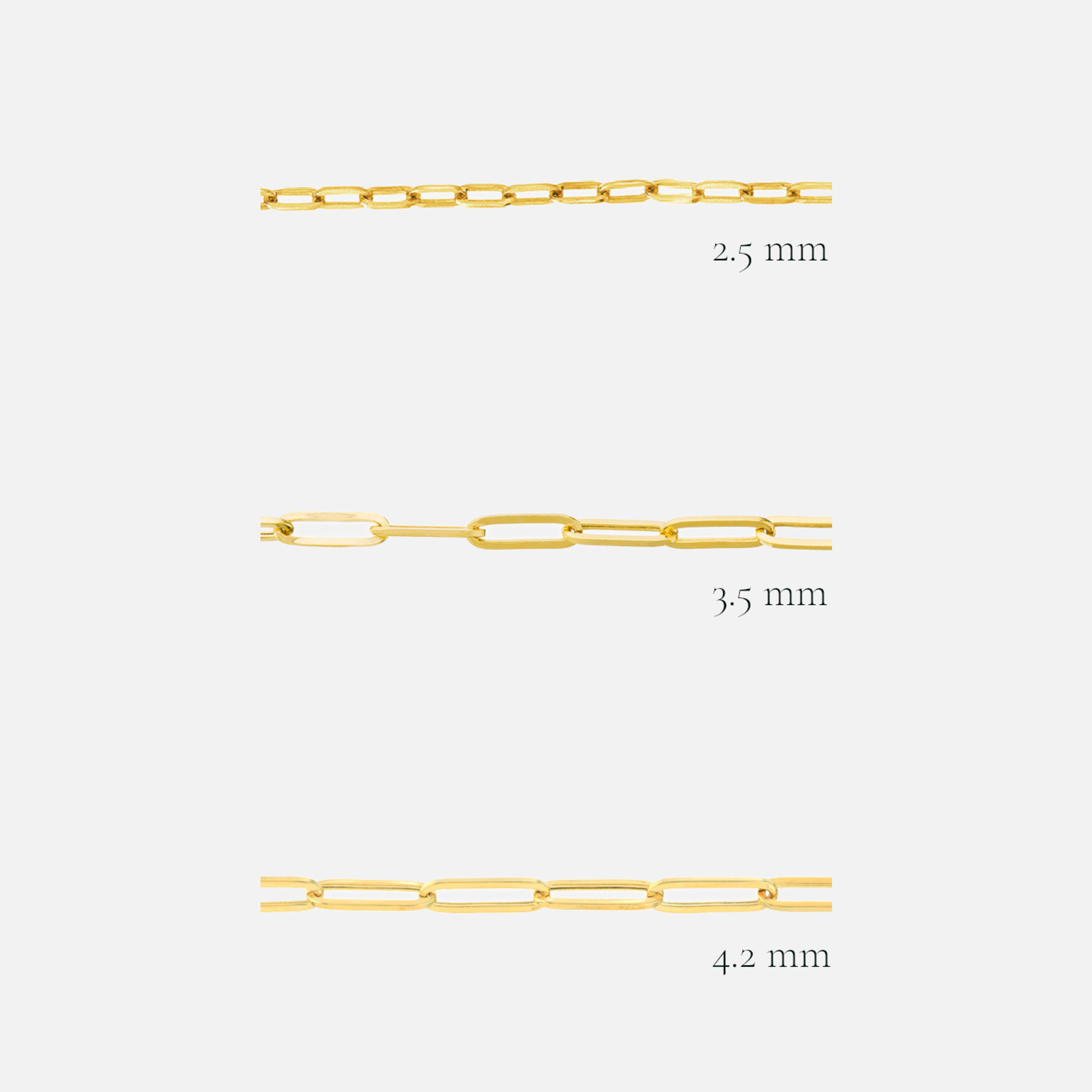 Close-up view of gold paperclip chain necklace, available in 2.5mm, 3.5mm, and 4.2mm sizes, highlighting versatile options.