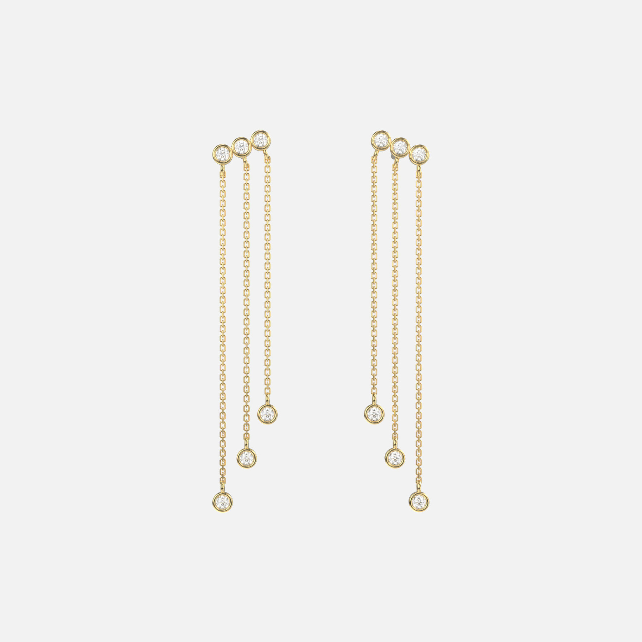 14k gold diamond drop earrings with bezel set diamond trio and cascading cable chain strands.