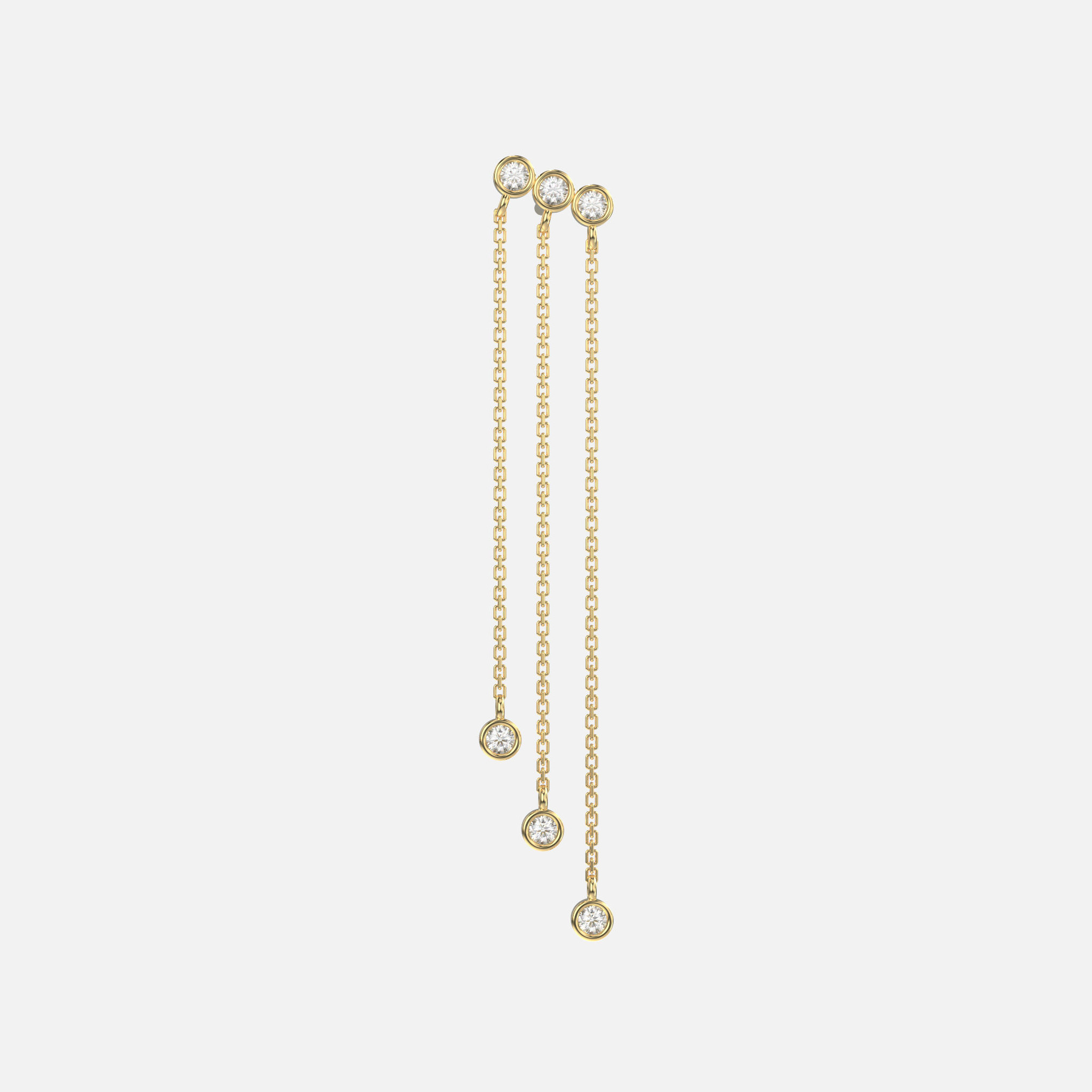These 14k gold earrings feature a trio of bezel-set diamonds, hanging from three cable chain strands with matching bezel diamonds.