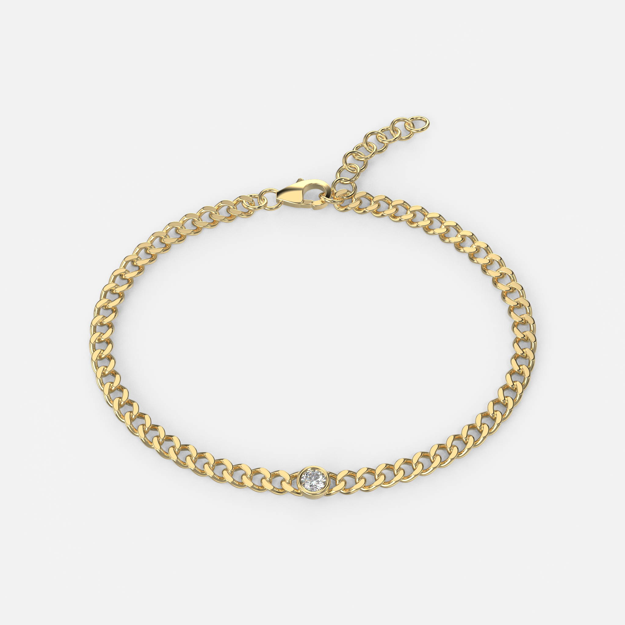 Chunky yet lightweight solid 14k gold Cuban link bracelet with an adjustable design, accented by a dainty bezel set diamond