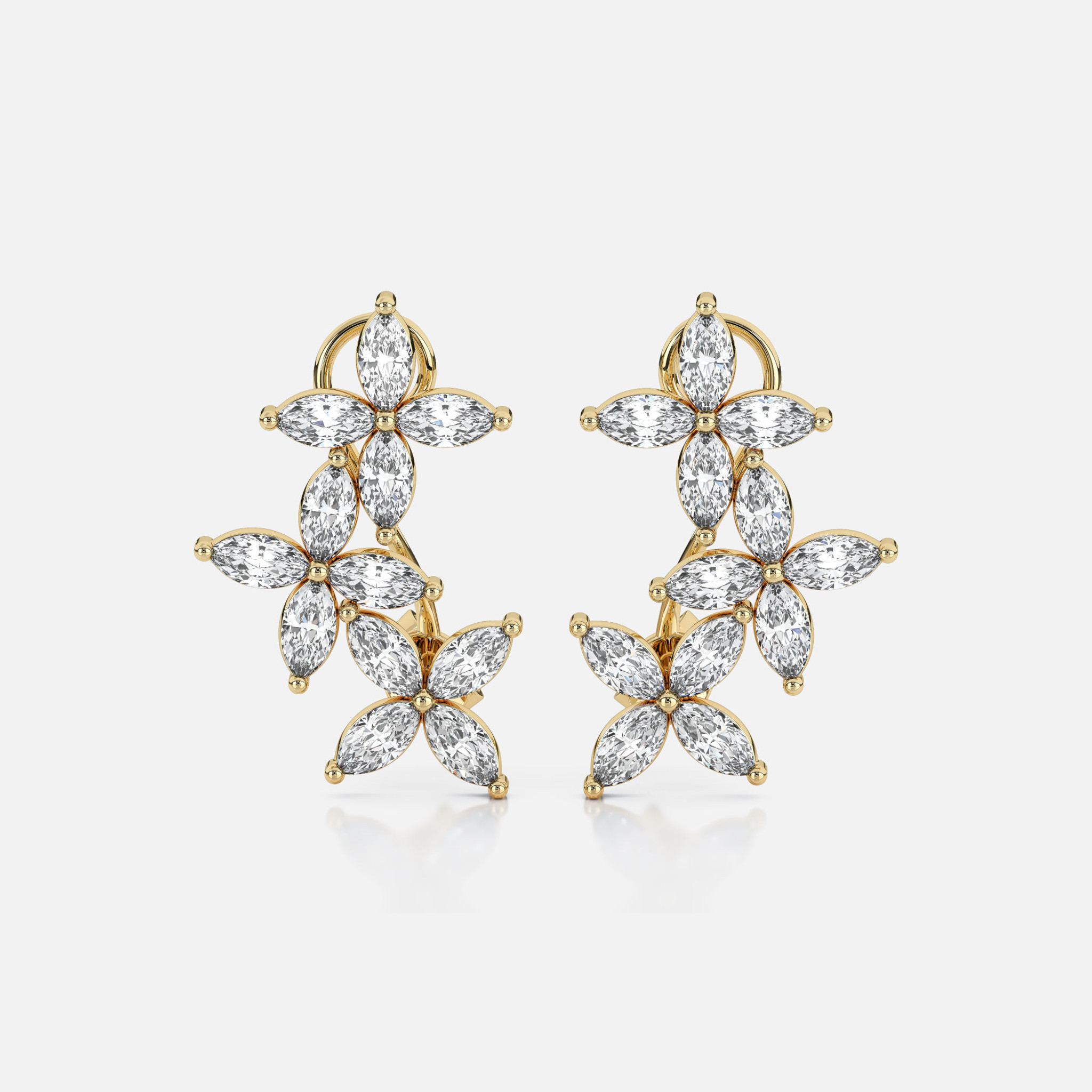 Exquisite Diamond Ear Crawler Earrings crafted from 18k gold, these earrings beautifully showcase the flocked arrangement of marquise diamonds.