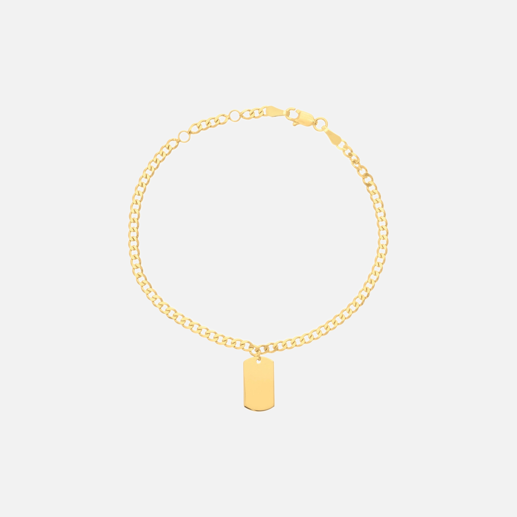 Handcrafted sleek 14k gold dog tag charm bracelet, a wardrobe hero that transcends seasons with its ultra-cute charm.
