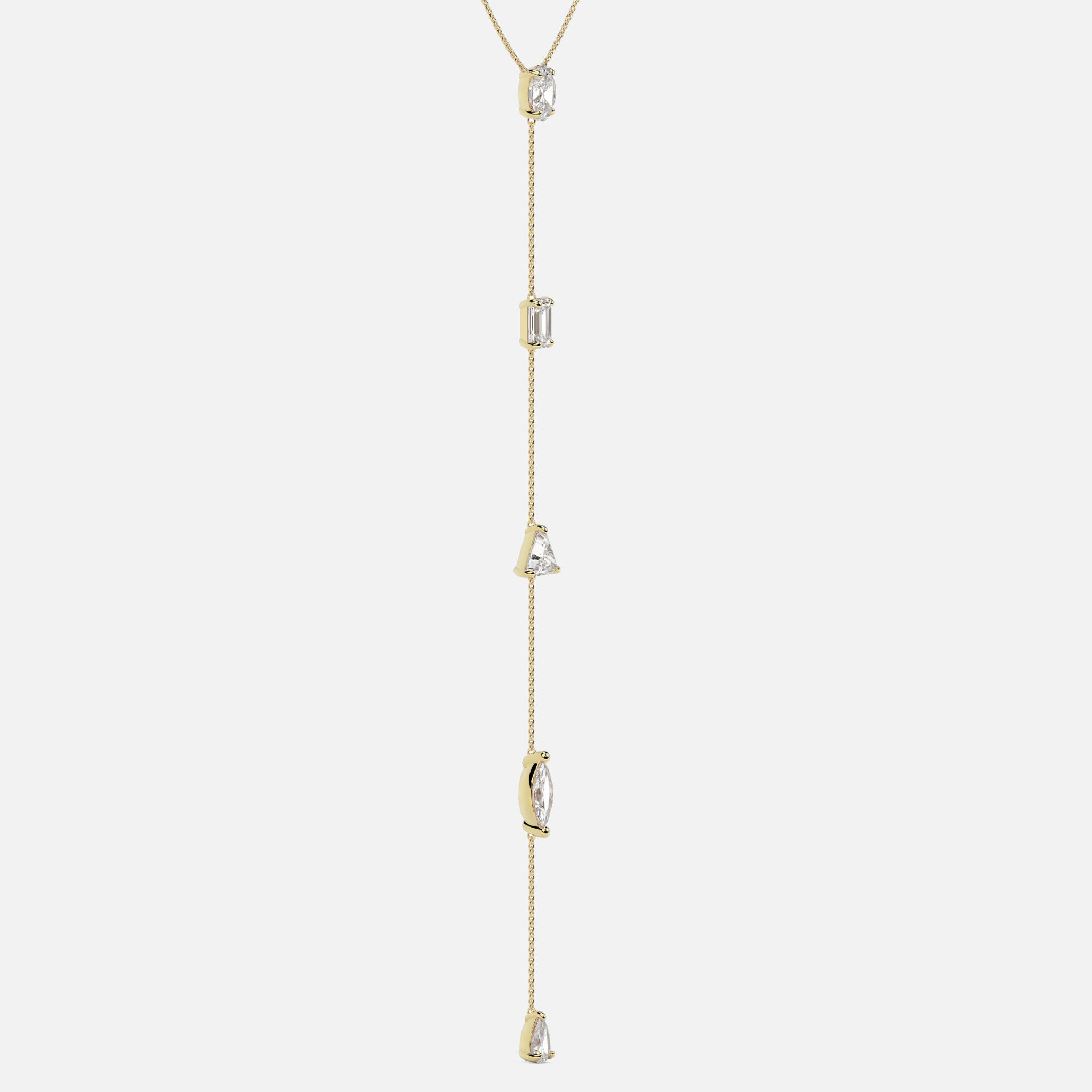 Adorn yourself with the elegance of an 18k gold diamond lariat necklace, featuring a dazzling array of 0.78 ct multi-cut stones in five distinct shapes.