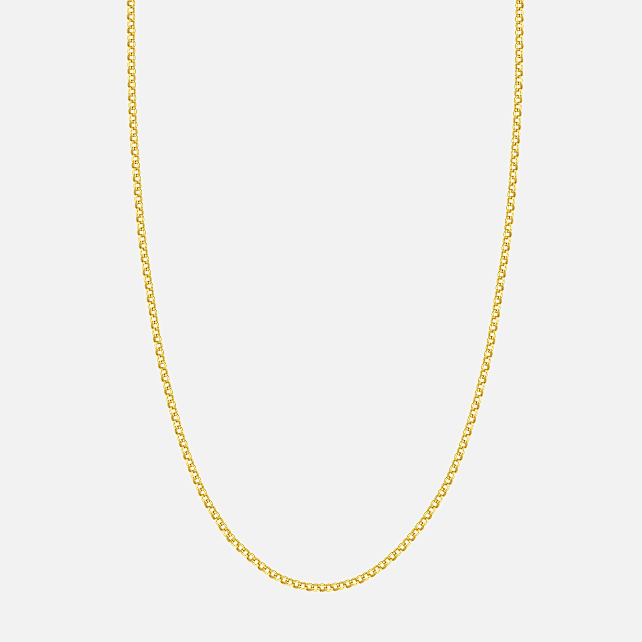 A Lite rolo chain necklace in buttery 10k and 14k gold, showcasing rounded belcher links.