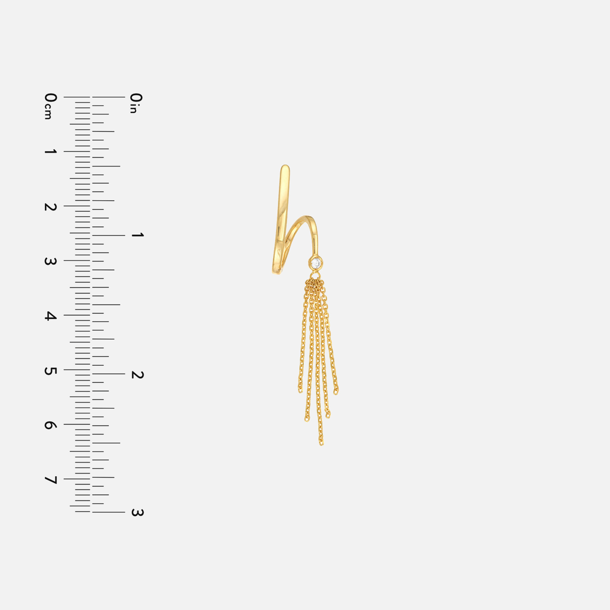 Gold tassel earrings beside a ruler for measurement, displaying a width of 0.95mm.