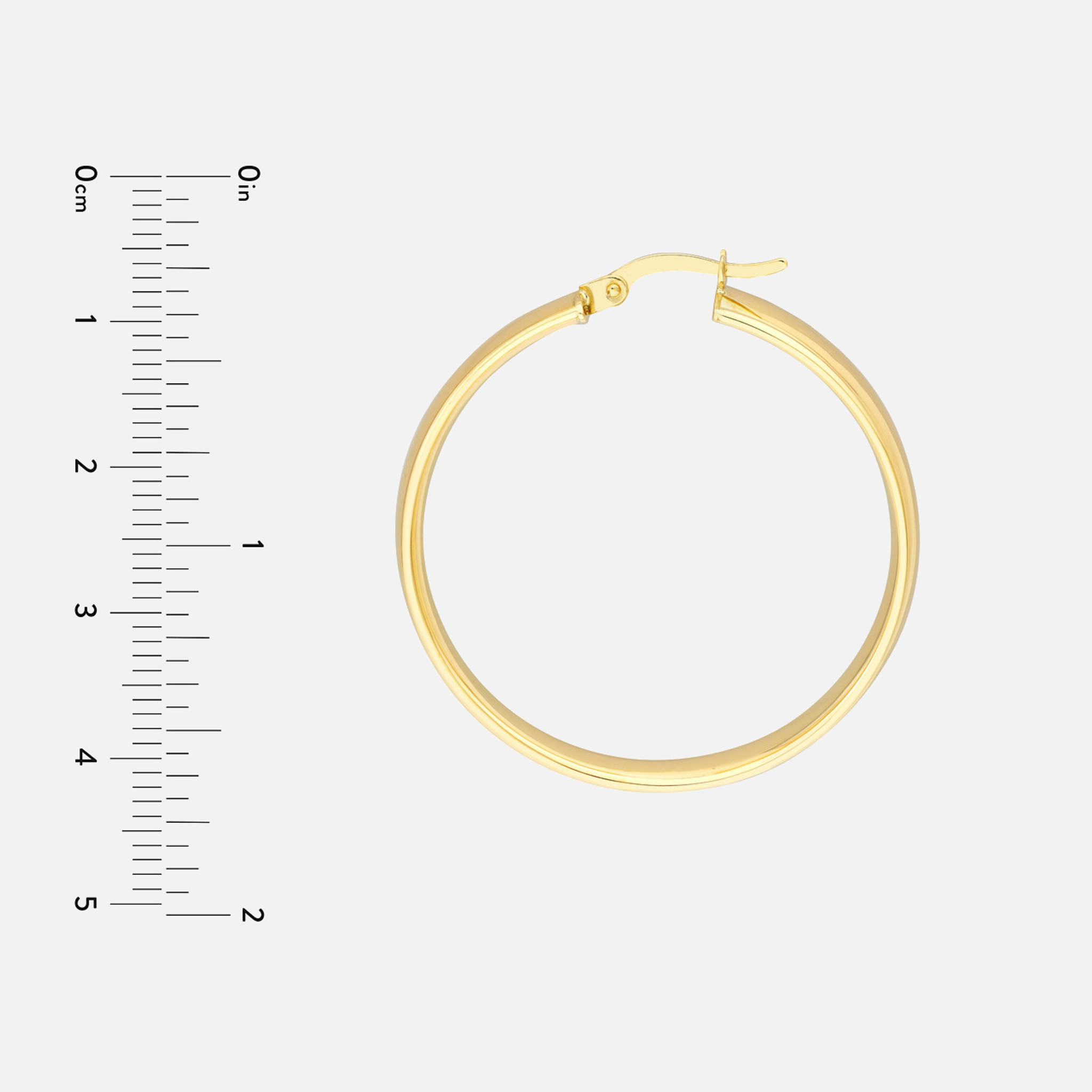 Gold round hoop earrings beside a ruler for measurement, displaying a width of 30mm, tailored for trendsetters.