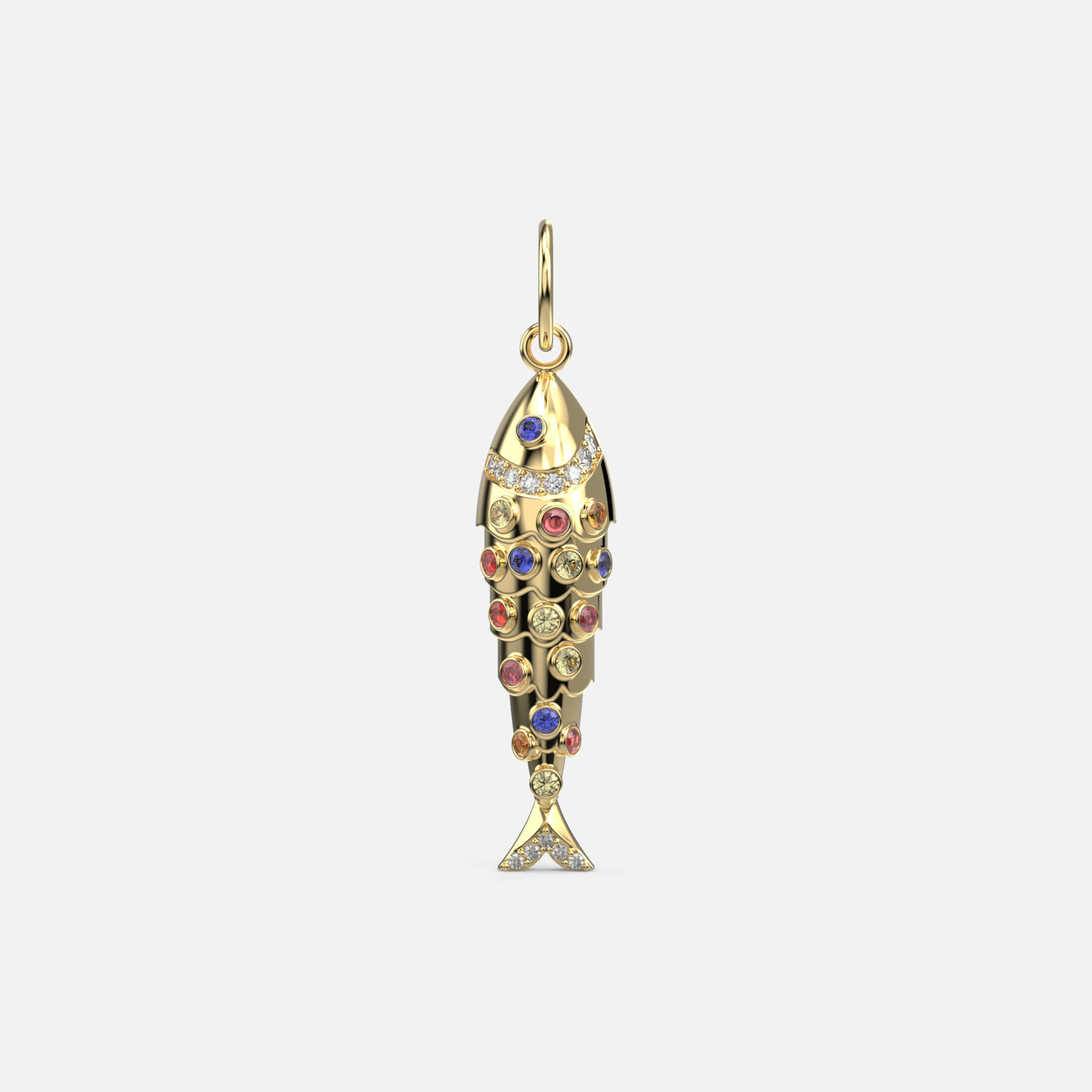 A front view of our Multi Sapphire Flexible Fish Pendant with 14 diamonds (0.10 ct) and 17 sapphires (0.20 ct), adding dynamic charm to your look.