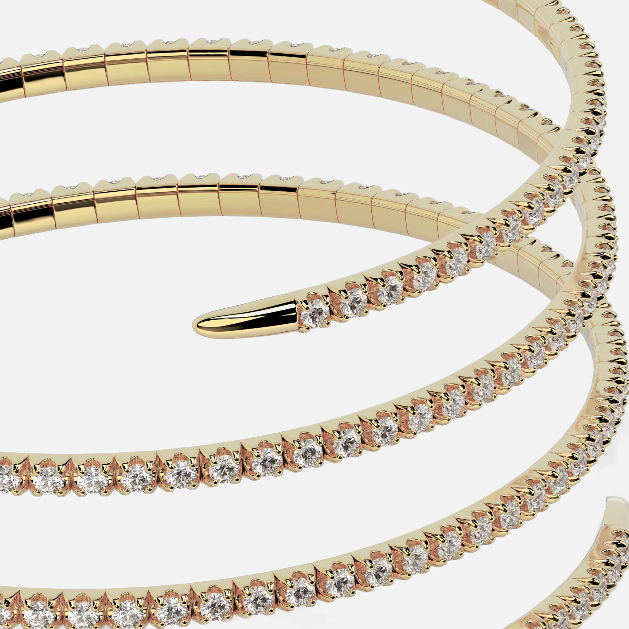 Una vista detallada de nuestra pulsera Pave Diamond Spiral, con sus 7" de longitud y 35 mm de ancho, revela un encanto atemporal.