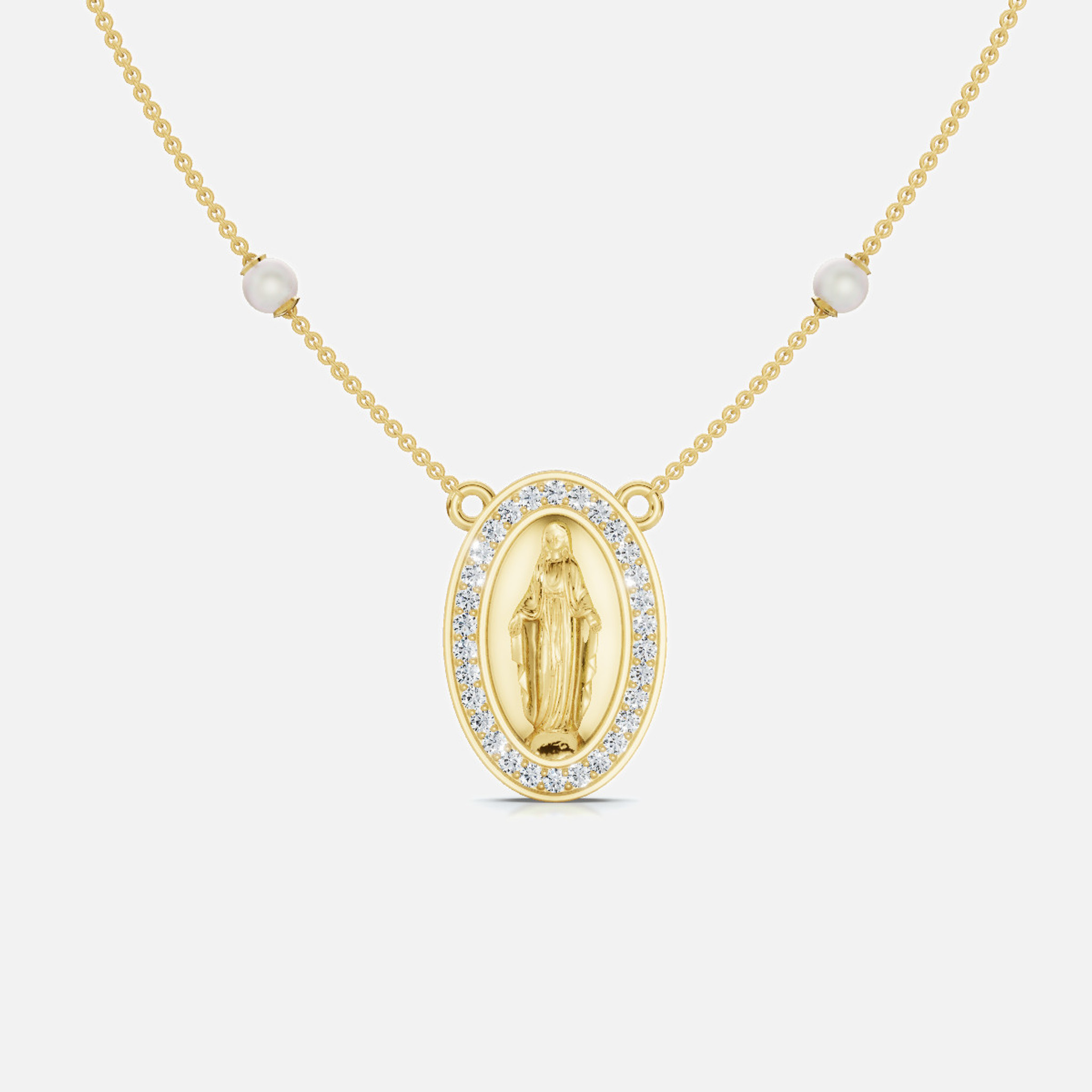 Sleek 14k Gold Virgin Mary Necklace with round pearls and a captivating pendant adorned with a halo of diamonds.
