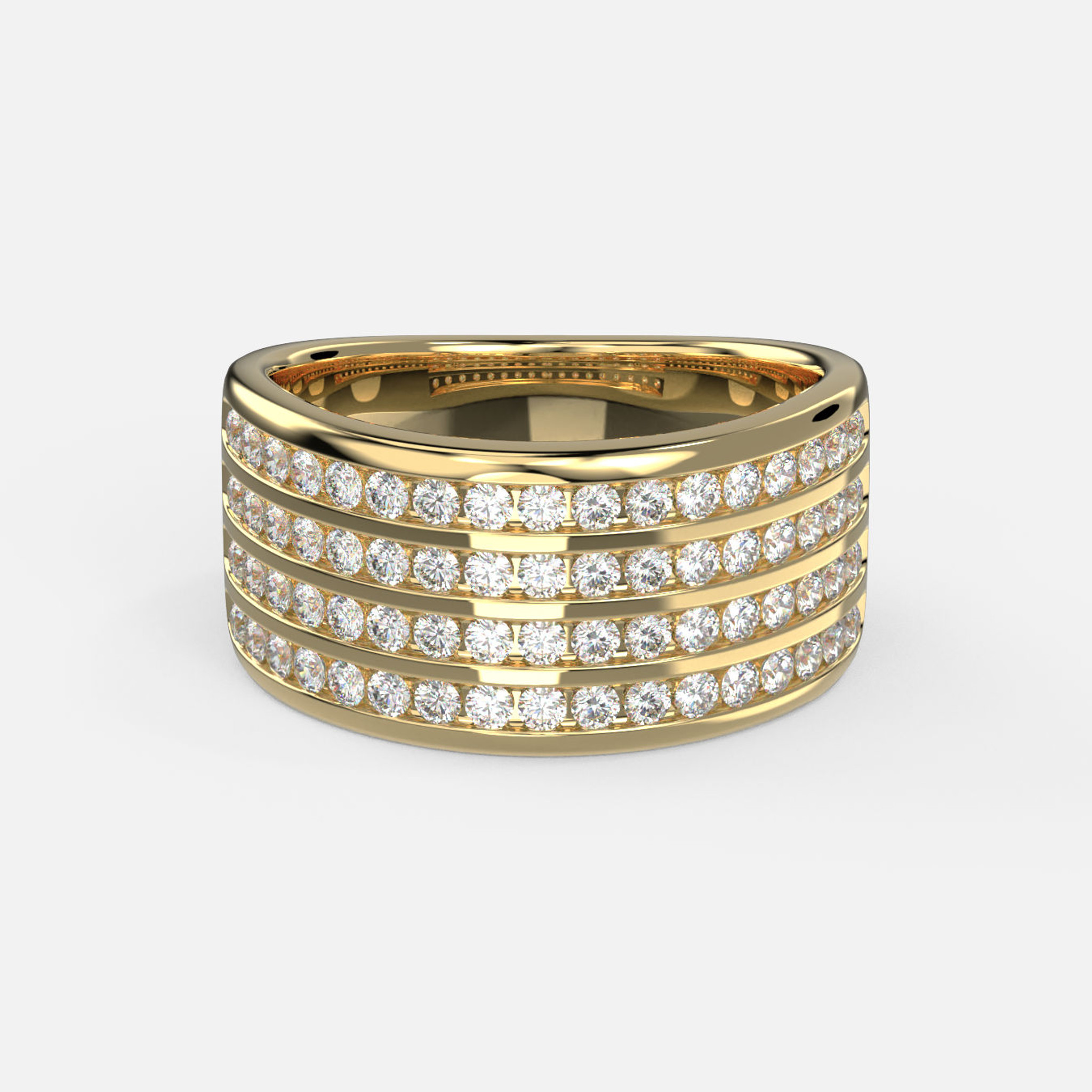 Anillo Cigarro de Diamantes con cuatro filas de diamantes, 0,55 ct en total, y elegante diseño de banda de cigarro, que mide 9,42 mm en la parte delantera y 4,84 mm en la parte trasera.