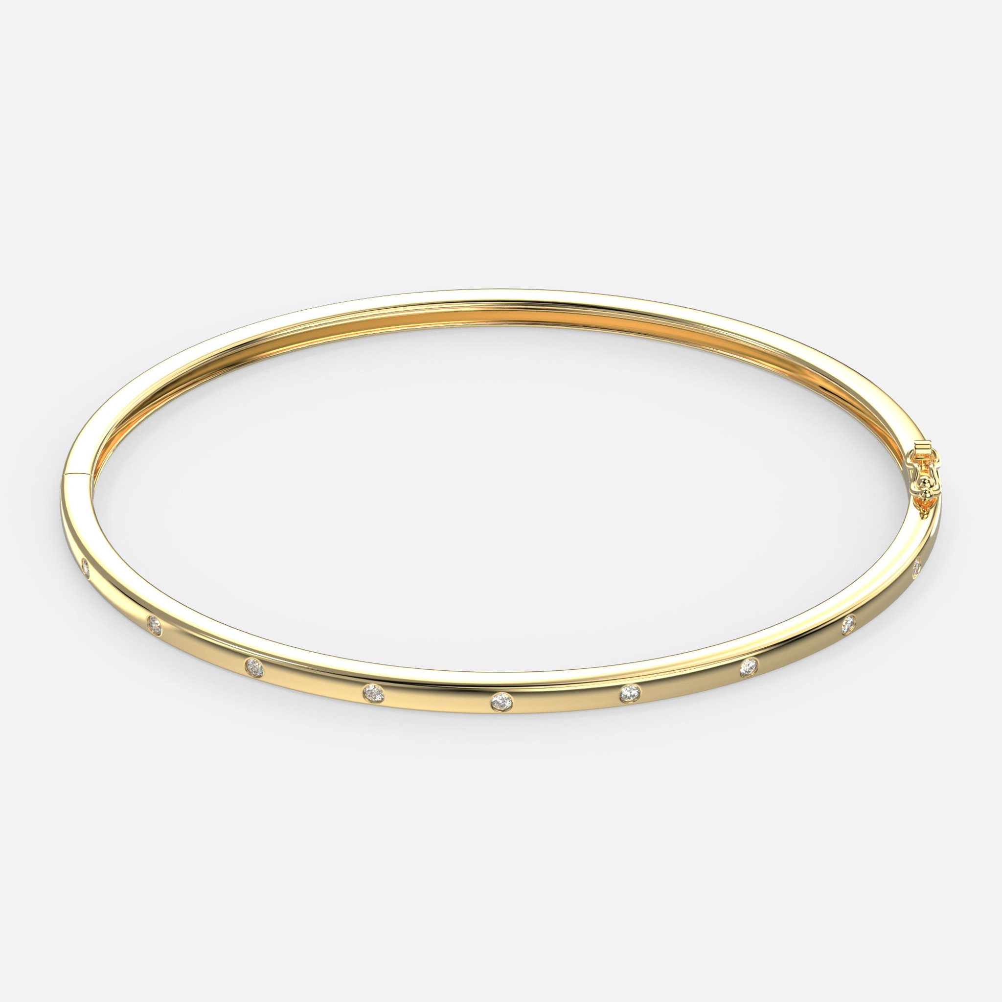 A top view of our Gold Diamond Bangle, measuring 4mm x 55mm, comes with a secure safety clasp.