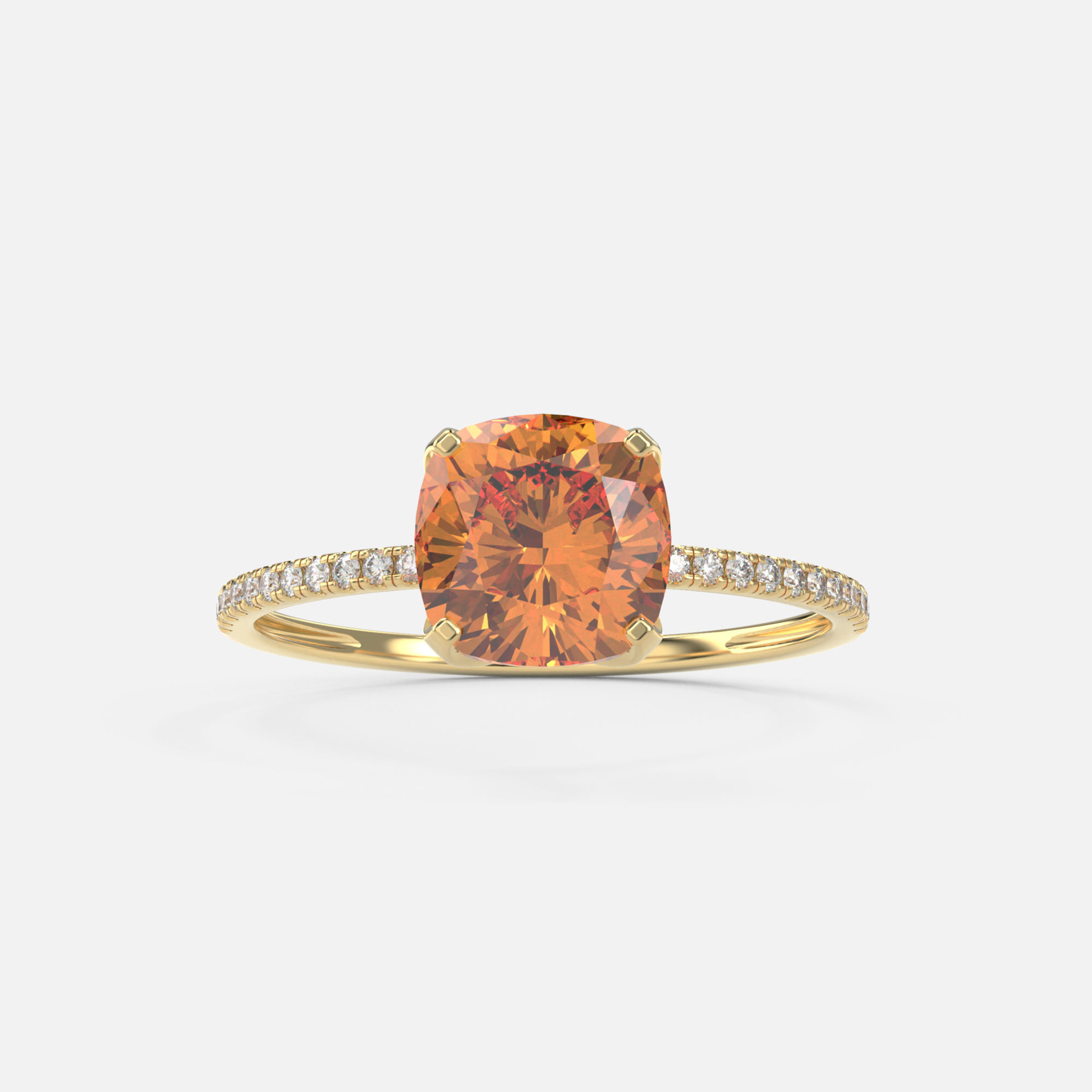 A front view of our 14k Gold Citrine Diamond Ring—a brilliant 1.55ct gem in solid yellow gold, surrounded by 0.09ct diamonds.