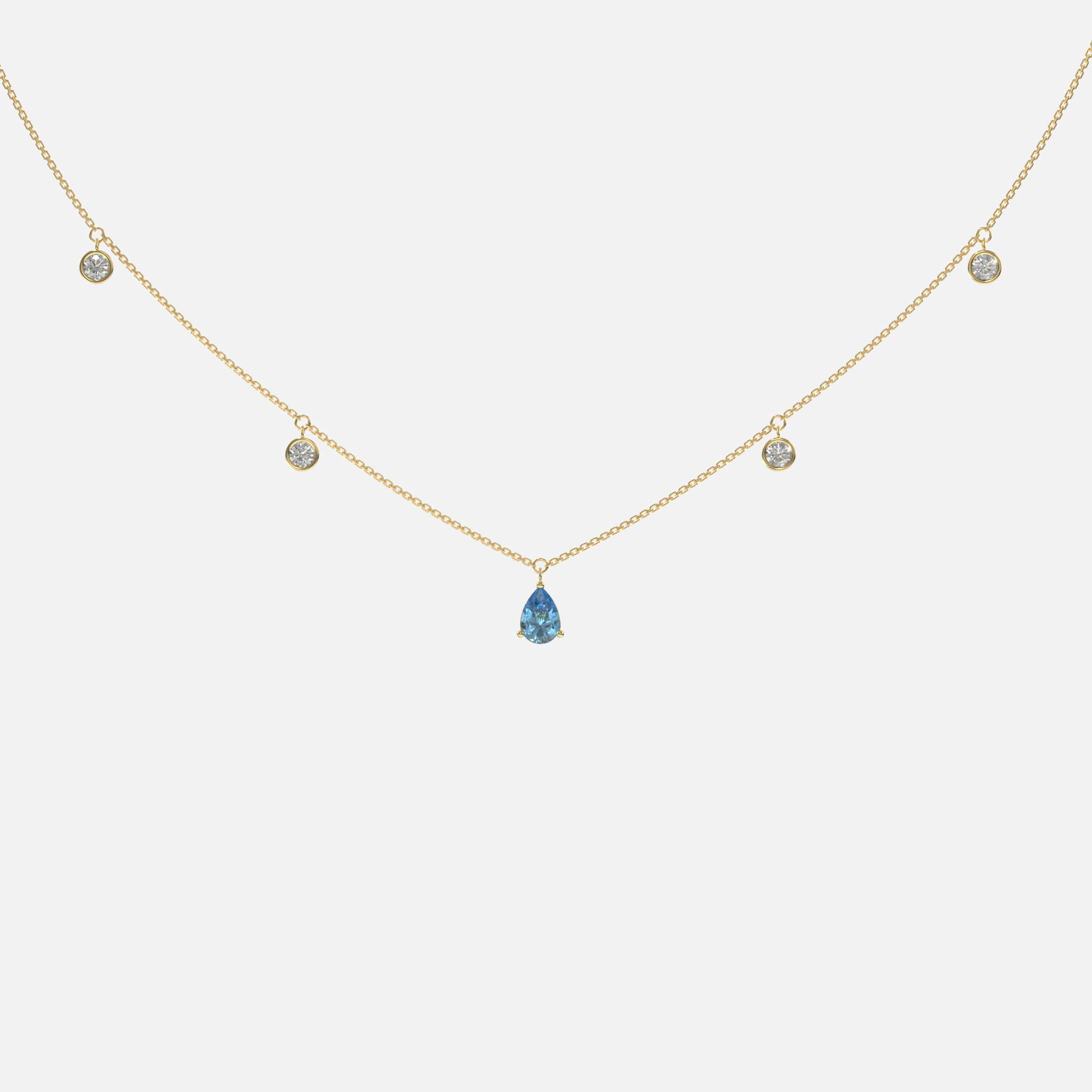 Nuestro collar flotante de topacio azul y diamantes presenta una única gema en una cadena ajustable (16"-18"), con cuatro diamantes en bisel y piedras centradas en el topacio.