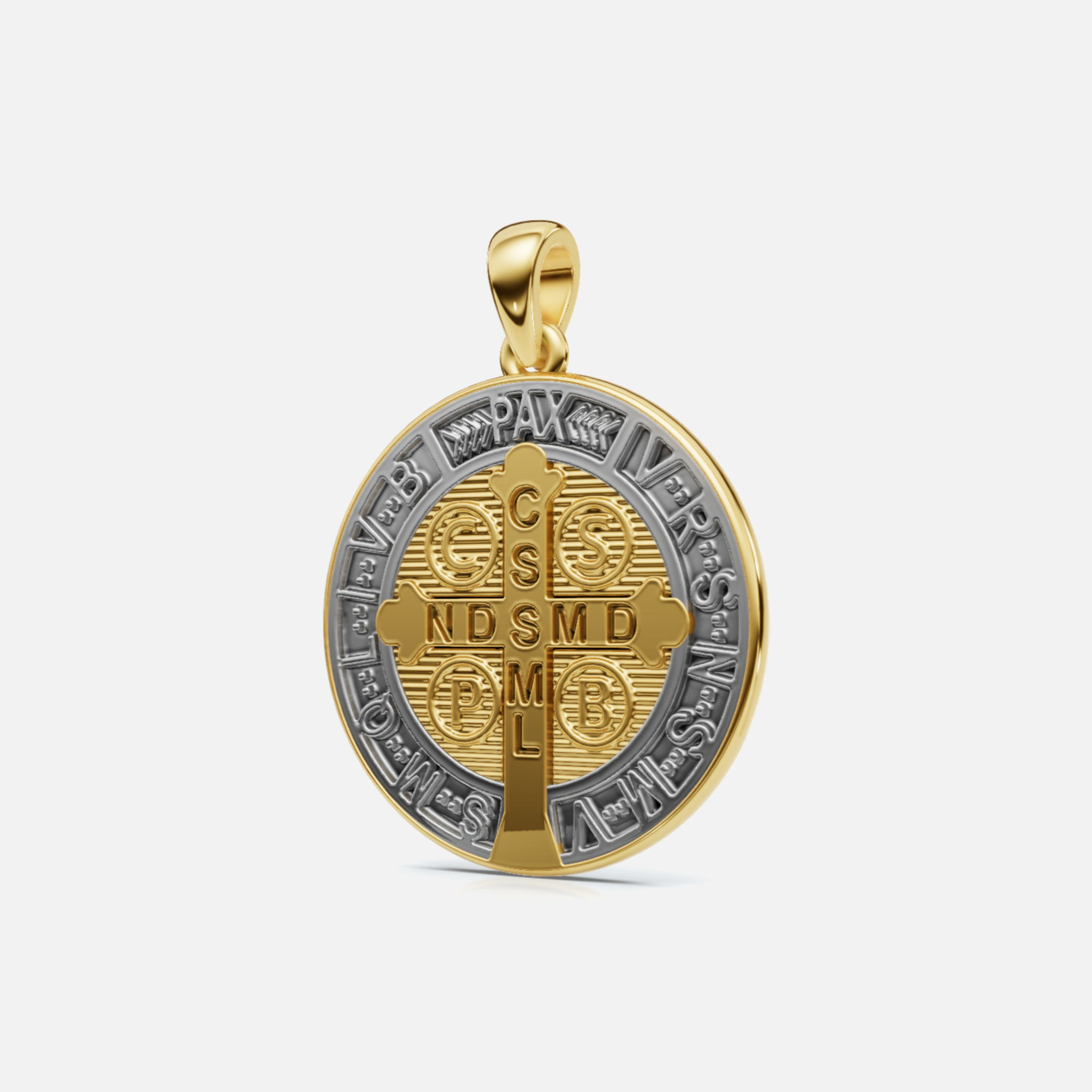 A back view of our religious San Benito Pendant, with a cross and the with the abbreviation of the sacred Latin inscription "eivs in obitv nro prae sentia mvniamvr."