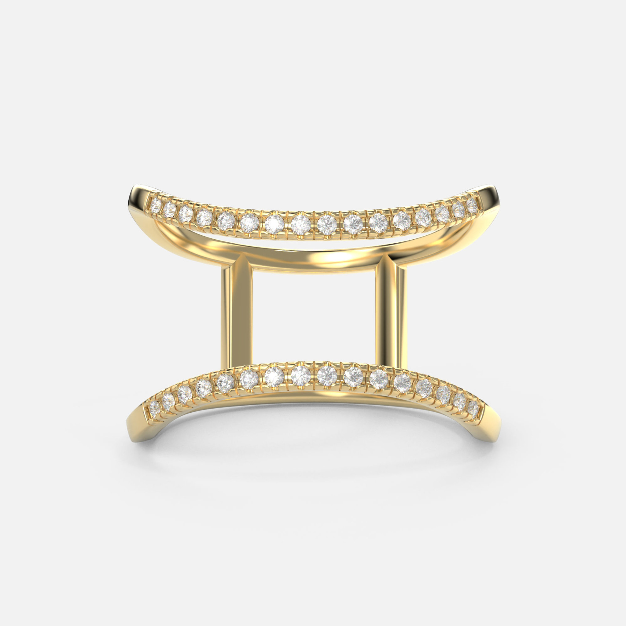 Enhance your elegance with this trendy 14k yellow gold Diamond Ring featuring two bands adorned with diamonds.