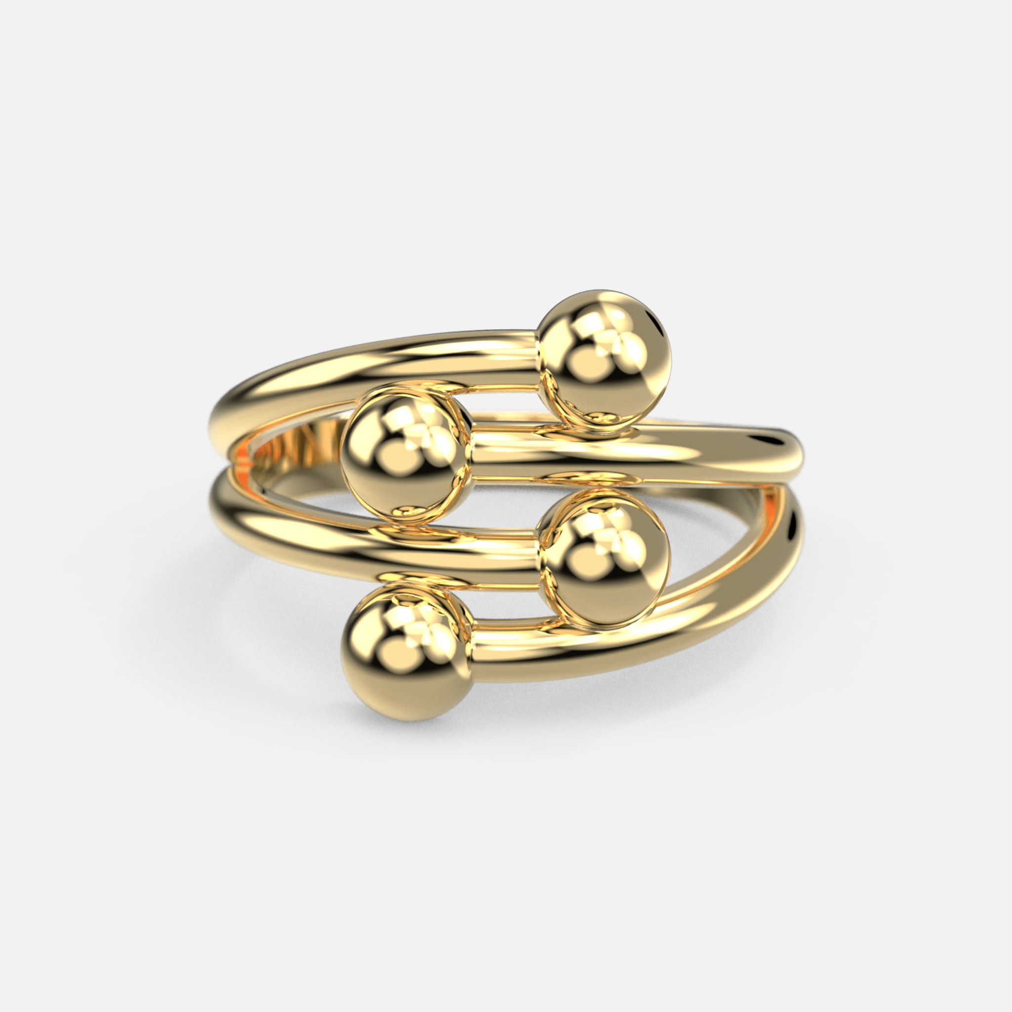 Elevate your style effortlessly: a front view of our solid 10k yellow gold Four Band Ball Ring, featuring a unique and alluring design.