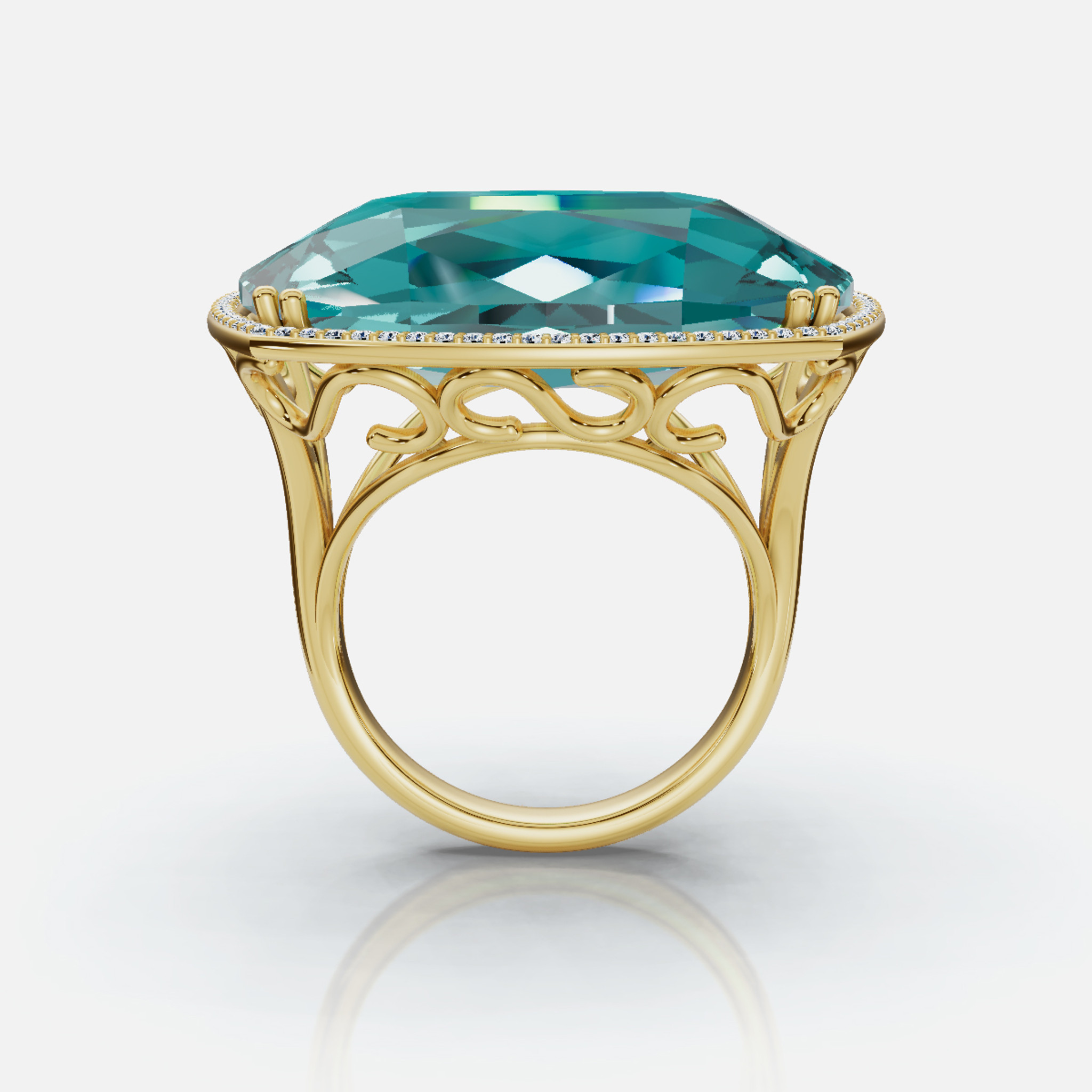 Perspectiva frontal del anillo de oro de 14 quilates con diamantes y topacio azul