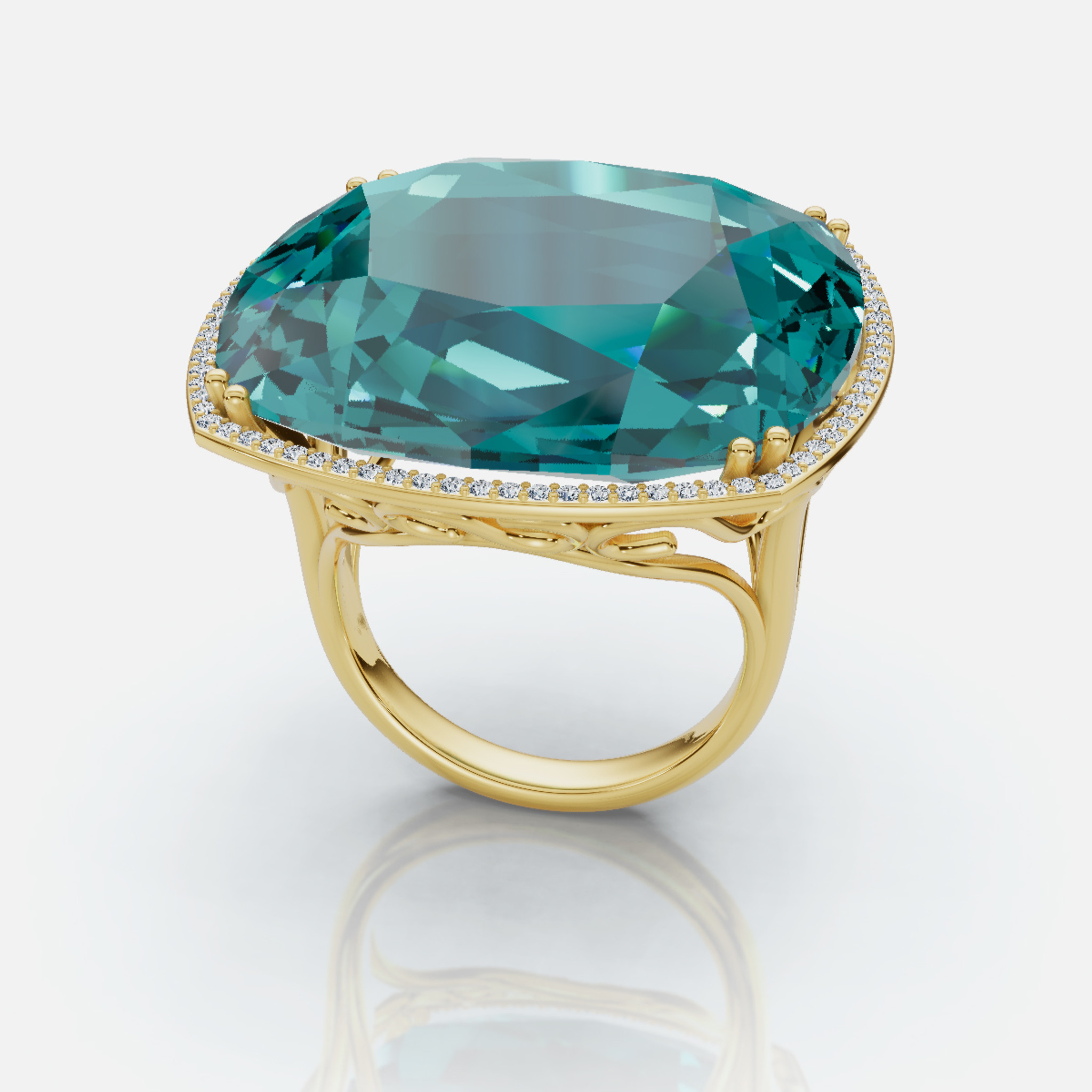 Ángulo lateral del anillo de oro de 14 quilates con diamantes y topacio azul