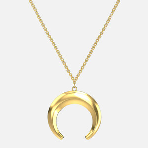 This crescent moon necklace is crafted in glossy 14k gold. Crescent moon necklace is puffed moon pendant is strung on a delicate 17 inch cable chain.