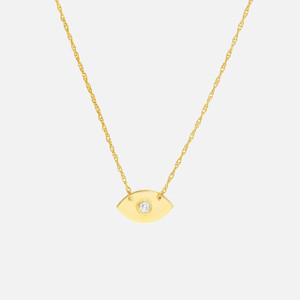 14k gold evil eye necklace with diamond pendant. Delicate cable chain adds a touch of elegance.