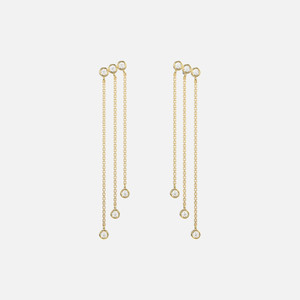 14k gold diamond drop earrings with bezel set diamond trio and cascading cable chain strands.