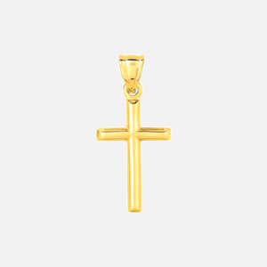 A 14k gold cross pendant. Handcrafted with polished perfection and bold rounded edges.