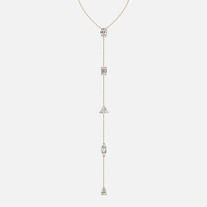 Handcrafted 18k gold diamond lariat necklace showcasing 0.78 ct multi-cut stones along a cable chain, featuring five stationed diamonds with unique specialty cuts.