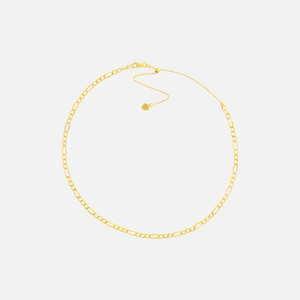 Shiny 14k gold hollow Figaro chain choker, inspiring the ultimate summer radiance with its flattering silhouette of three curb chain links followed by a large oval link.