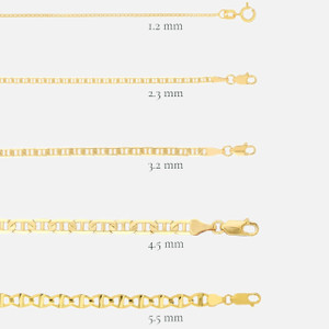 Close-up view showcasing multiple Widths of the mariner chain necklace: 1.2mm, 1.7mm, 2.3mm, 3.2mm, 4.5mm, and 5.5mm in 14k and 10k gold.