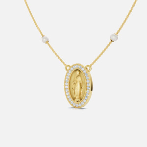 Side view of our Virgin Mary Necklace featuring a captivating pendant with a halo of 0.10 ct diamonds.