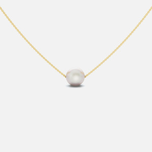 A front view of our Single Pearl Necklace featuring a lustrous 7mm pearl suspended from an adjustable chain.