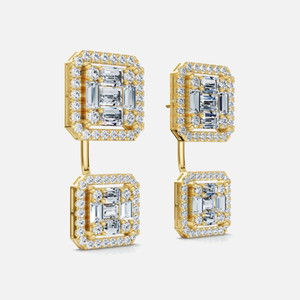 A side view of our Diamond Ear Jacket Earrings made with 14k yellow gold, featuring two squares (5x7mm and 4x5mm) adorned with Baby Blue stones.