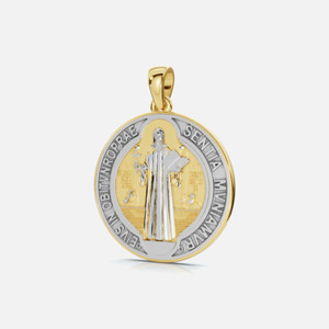 A side view of our stunning San Benito Pendant, crafted in 14k yellow and white gold, seamlessly combines enduring faith with style.