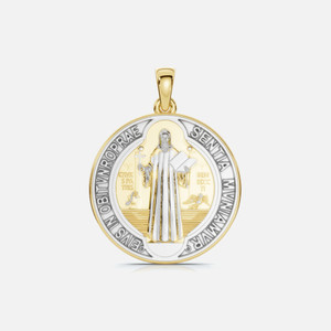 A front view of our religious San Benito Pendant, bearing the sacred Latin inscription "eivs in obitv nro prae sentia mvniamvr."