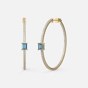Adorned with a baguette-cut Blue Topaz and surrounded by petite round diamonds 1.86ct, our 45mm Blue Topaz Hoop Earrings.