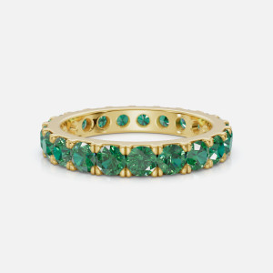 Elegant Emerald Eternity Band - Top View: Revealing the mesmerizing arrangement of emeralds in a captivating display.