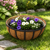 Fiberglass Hanging Basket Insert in hanging basket with petunias on grass