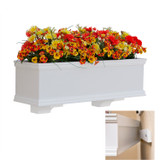 Laguna XL window box planted with orange and yellow flowers, with cleat illustration on bottom right side on white background Laguna XL window box planted with orange and yellow flowers, with cleat illustration on bottom right side on white background