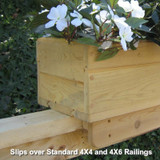 Close up of Standard Cedar Rail Top Flower Box on rail Close up of Standard Cedar Rail Top Flower Box on rail