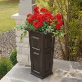 Espresso Presidential Tall Planter with red flowers on a front porch