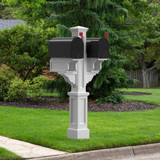 Prestige Double Mail and Newspaper Post, black mailboxes on white post amid green lawn and trees.