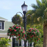 Two-Way Hook Style Hanging Bracket on green light post with large hanging baskets filled with red flowers, house in background
