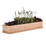 Laguna Cedar Railing Planter, wooden rectangular planter with lavender and leafy green plants.